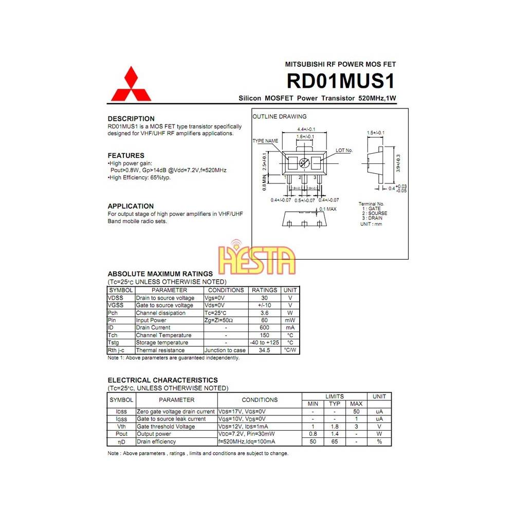 RD01MUS1 Mitsubishi Transistor - RF Power Amplifier - P.U.H. HESTA